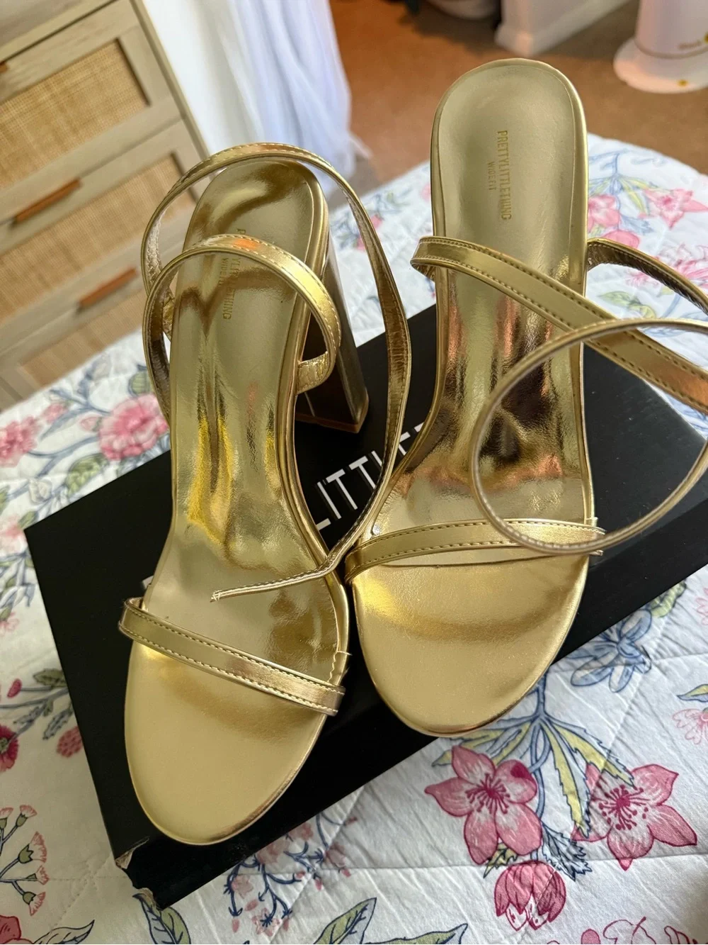 PrettyLittleThing Metallic Gold Block Heel Strappy Sandals